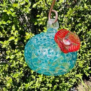 Handblown Art Glass Humming Bird Feeder Small - BLUE/ORANGE OPENING