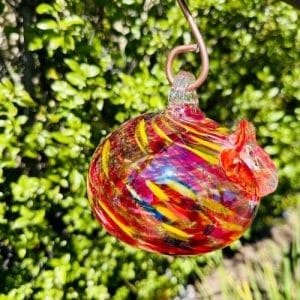 Handblown Art Glass Humming Bird Feeder Small - RED STRIPED